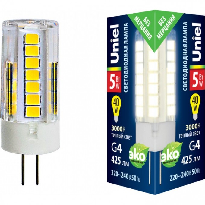 Лампа светодиодная UNIEL LED-JC-220/5W/3000K/G4/CL GLZ09TR картон UL-00006744 Лампа светодиодная UNIEL LED-JC-220/5W/3000K/G4/CL GLZ09TR картон UL-00006744