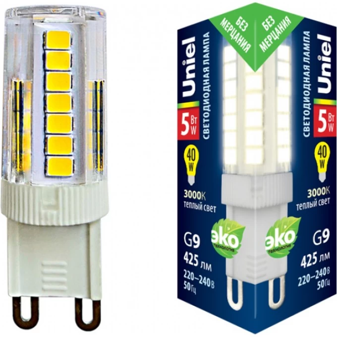 Лампа светодиодная UNIEL LED-JCD-5W/3000K/G9/CL GLZ09TR картон UL-00006748 Лампа светодиодная UNIEL LED-JCD-5W/3000K/G9/CL GLZ09TR картон UL-00006748