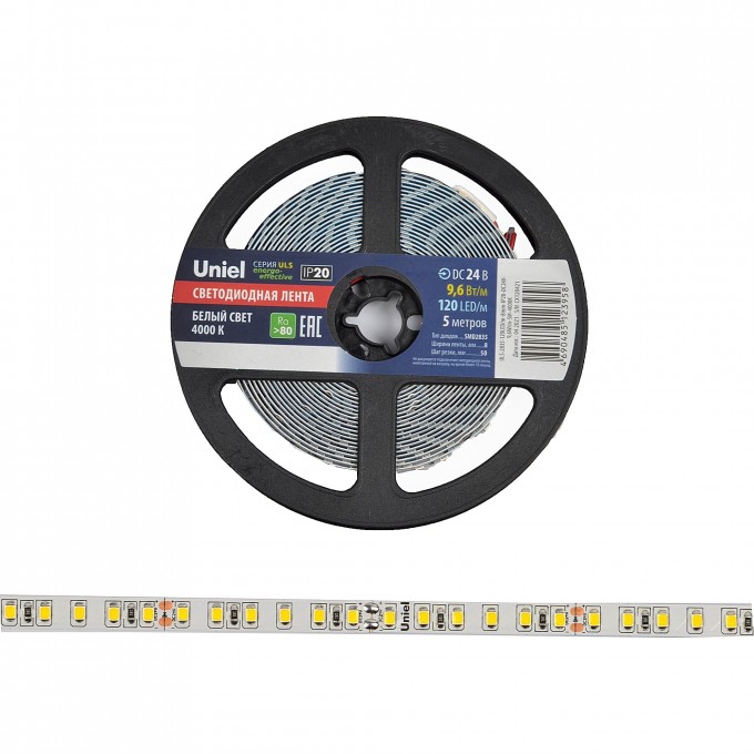 Светодиодная лента UNIEL ULS-2835-120LED/m-8mm-IP20-DC24V-9,6W/m-5M-4000K катушка в герметичной упаковке UL-00005871 Светодиодная лента UNIEL ULS-2835-120LED/m-8mm-IP20-DC24V-9,6W/m-5M-4000K катушка в герметичной упаковке UL-00005871