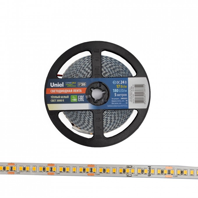 Светодиодная лента UNIEL ULS-2835-180LED/m-10mm-IP20-DC24V-17W/m-5M-3000K катушка в герметичной упаковке UL-00007642 Светодиодная лента UNIEL ULS-2835-180LED/m-10mm-IP20-DC24V-17W/m-5M-3000K катушка в герметичной упаковке UL-00007642