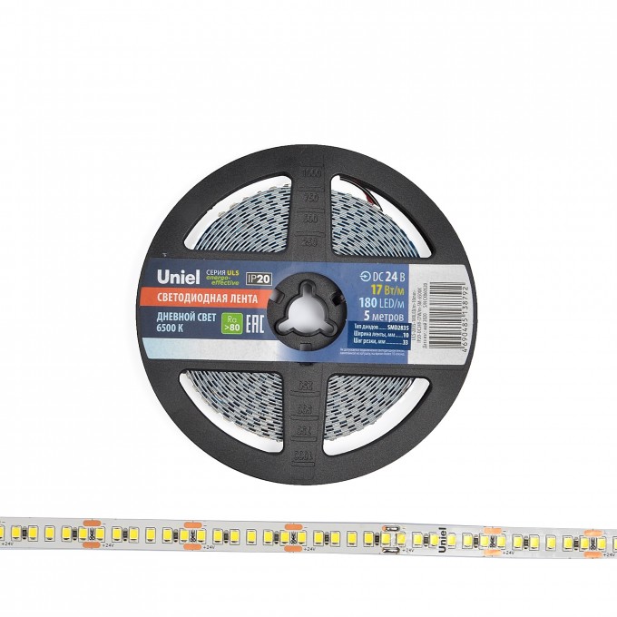 Светодиодная лента UNIEL ULS-2835-180LED/m-10mm-IP20-DC24V-17W/m-5M-6500K катушка в герметичной упаковке UL-00007644 Светодиодная лента UNIEL ULS-2835-180LED/m-10mm-IP20-DC24V-17W/m-5M-6500K катушка в герметичной упаковке UL-00007644