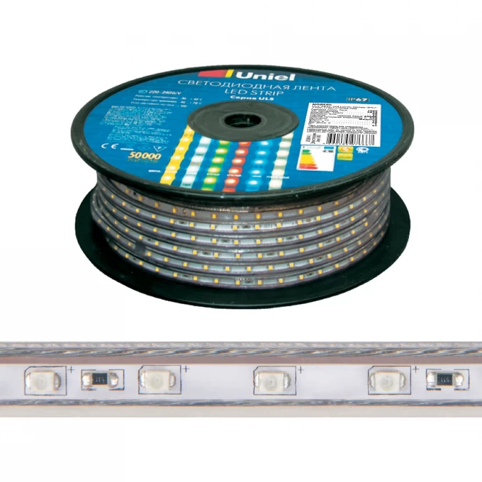 Светодиодная лента UNIEL ULS-2835-60LED/m-10mm-IP67-220V-8W/m-50M-BLUE бобина UL-00000859 Светодиодная лента UNIEL ULS-2835-60LED/m-10mm-IP67-220V-8W/m-50M-BLUE бобина UL-00000859