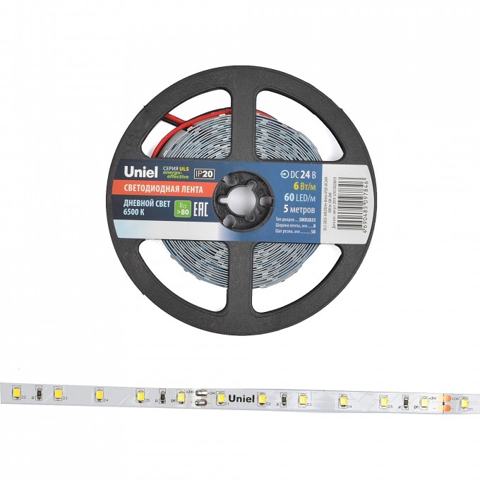 Светодиодная лента UNIEL ULS-2835-60LED/m-8mm-IP20-DC24V-6W/m-5M-DW катушка в герметичной упаковке UL-00002969 Светодиодная лента UNIEL ULS-2835-60LED/m-8mm-IP20-DC24V-6W/m-5M-DW катушка в герметичной упаковке UL-00002969