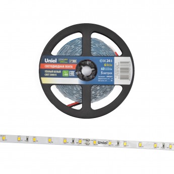 Светодиодная лента UNIEL ULS-2835-60LED/m-8mm-IP20-DC24V-6W/m-5M-WW катушка в герметичной упаковке
