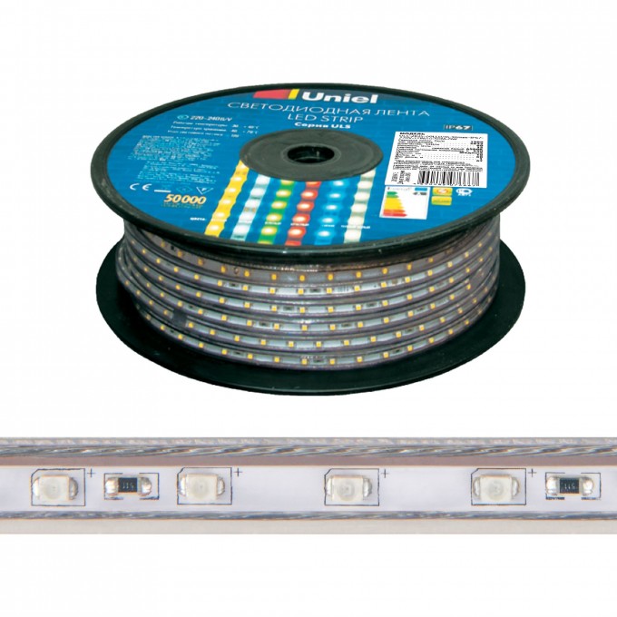 Светодиодная лента UNIEL ULS-5050-60LED/m-16mm-IP67-220V-14,4W/m-50M-RGB бобина 10803 Светодиодная лента UNIEL ULS-5050-60LED/m-16mm-IP67-220V-14,4W/m-50M-RGB бобина 10803