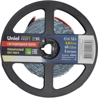 Светодиодная лента UNIEL ULS-M11-2835-60LED/m-8mm-IP20-DC12V-4,8W/m-5M-3000K PROFI катушка в герметичной упаковке