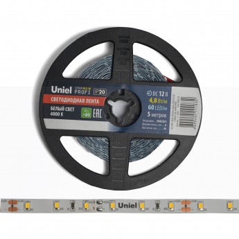 Светодиодная лента UNIEL ULS-M11-2835-60LED/m-8mm-IP20-DC12V-4,8W/m-5M-4000K PROFI катушка в герметичной упаковке