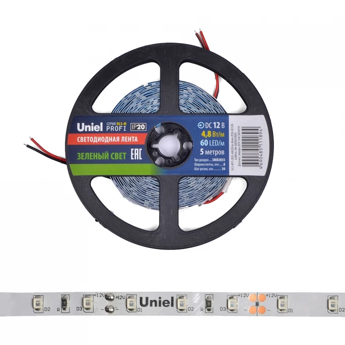 Светодиодная лента UNIEL ULS-M11-2835-60LED/m-8mm-IP20-DC12V-4,8W/m-5M-GREEN PROFI катушка в герметичной упаковке UL-00004360 Светодиодная лента UNIEL ULS-M11-2835-60LED/m-8mm-IP20-DC12V-4,8W/m-5M-GREEN PROFI катушка в герметичной упаковке UL-00004360