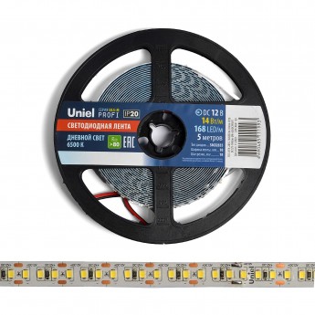 Светодиодная лента UNIEL ULS-M14-2835-168LED/m-10mm-IP20-DC12V-14W/m-5M-6500K PROFI катушка в герметичной упаковке
