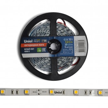 Светодиодная лента UNIEL ULS-M22-5050-30LED/m-10mm-IP20-DC12V-7,2W/m-5M-4000K PROFI катушка в герметичной упаковке